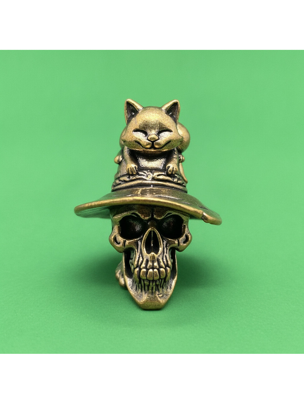 Brass Skull and Cat Figurine with Hat Decorative Sculpture